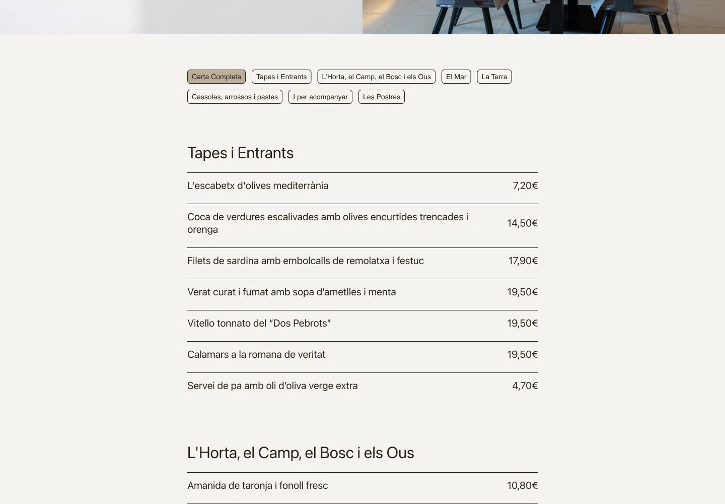 Menu and dish category filters