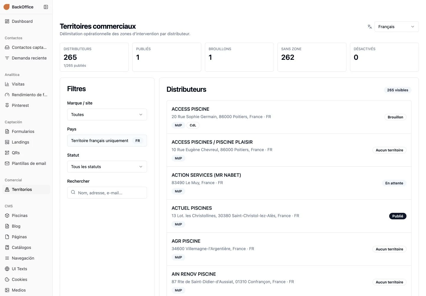 Sales territory list and filters